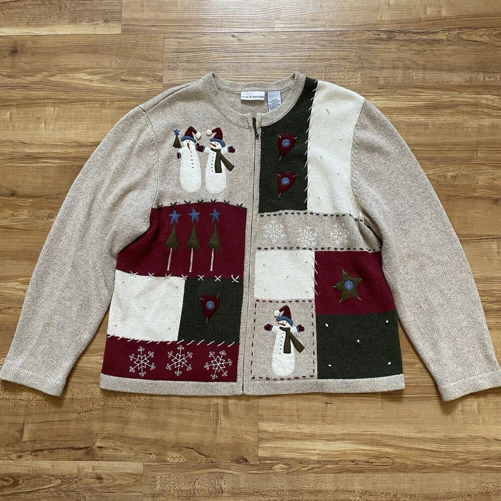 Vintage XL Beige Ugly Christmas Sweater Snowman Patchwork Zip Cardigan Wool Knit